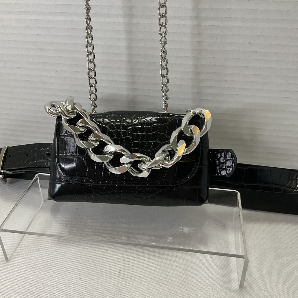 Black Crocodile Mini Fanny Pack Silver Chain Faux Leather Crossbody Belt Bag M/L